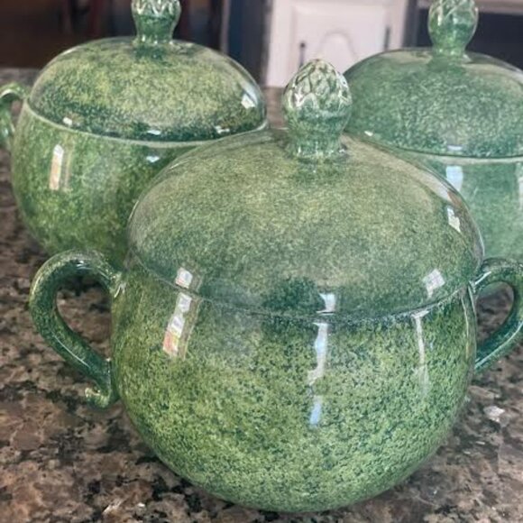 Cancello Green Lidded Bowls - Deruta Italy Dinnerware, Set of 4 - Picture 3 of 12